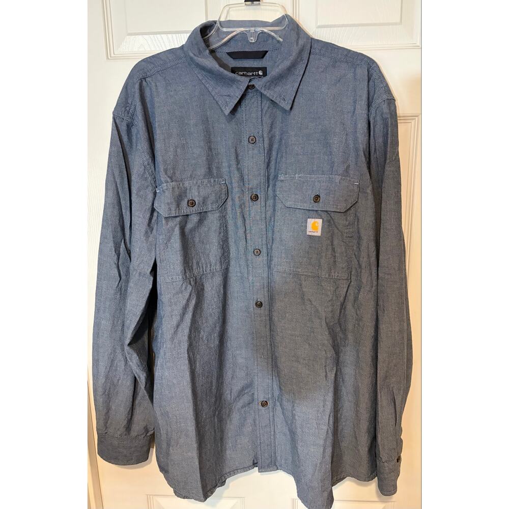 Carhartt Men’s XL Loose Fit Button Front Work Shirt Blue Long Sleeve Heavyweight